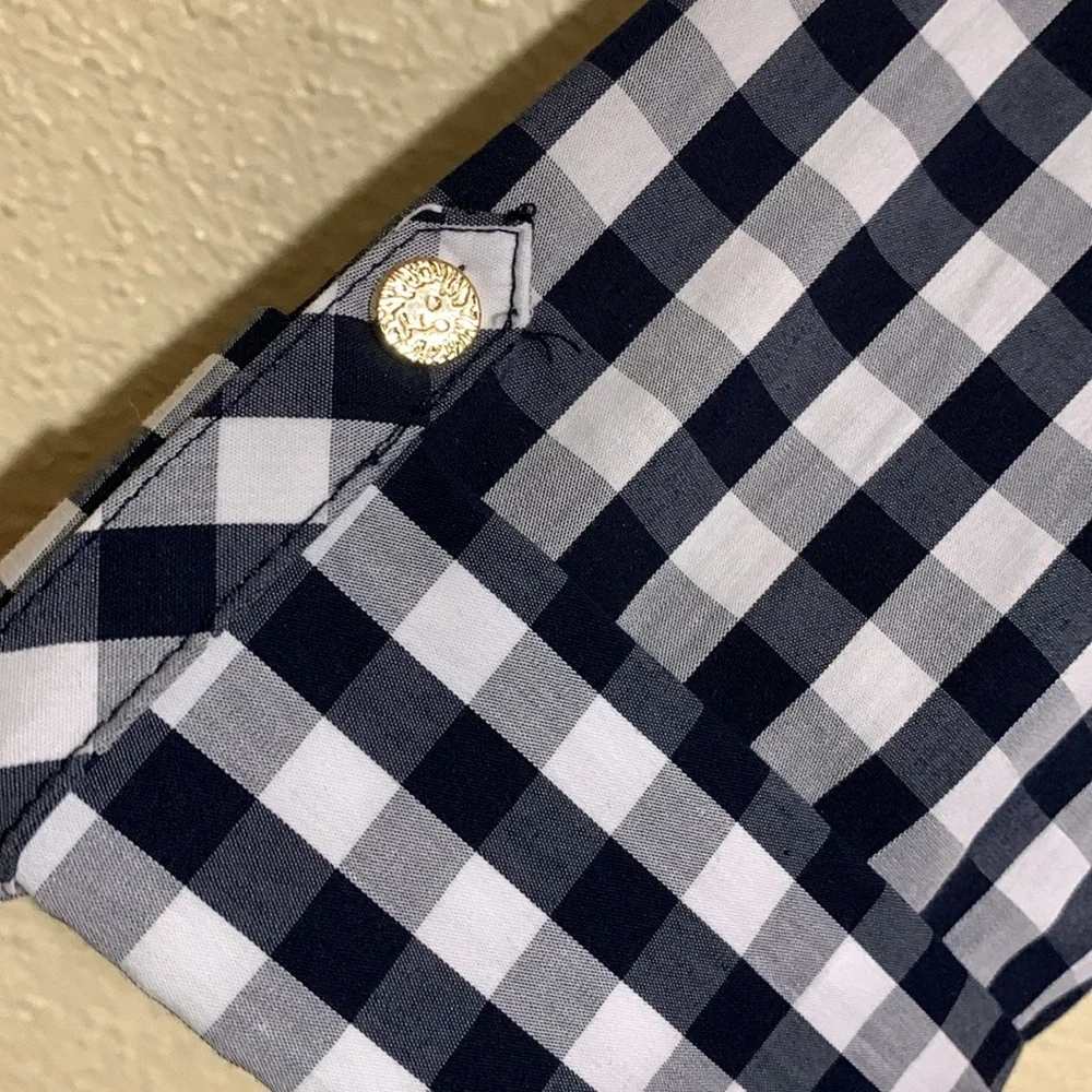 Anne Klein Navy and White Top Gingham Plaid Front Buttons 3/4 Sleeve Cotton - Picture 3 of 16
